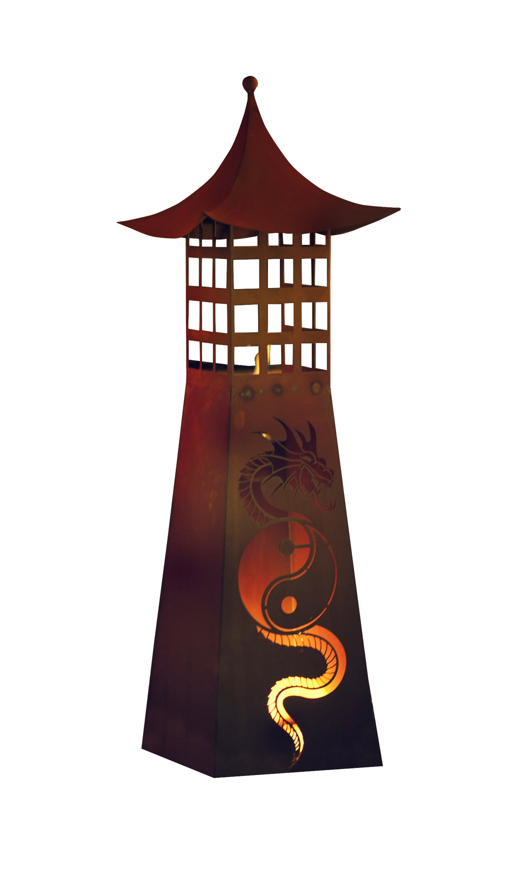 Edelrost-Asia Dragon Tower: Wunderschön mit Yin Yang- und Drachen-Motiv zum Befeuern, nicht nur für asiatische Gärten