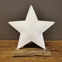 Lade das Bild in den Galerie-Viewer, Dezent glänzender Stern aus Metall weißcremefarben in drei Größen auf Holzfuß
