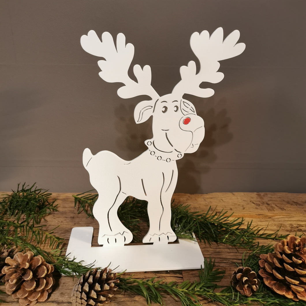 Knuffiger Elchhund Fred aus Aluminium in weiß mit roter Nase für drinnen & draußen